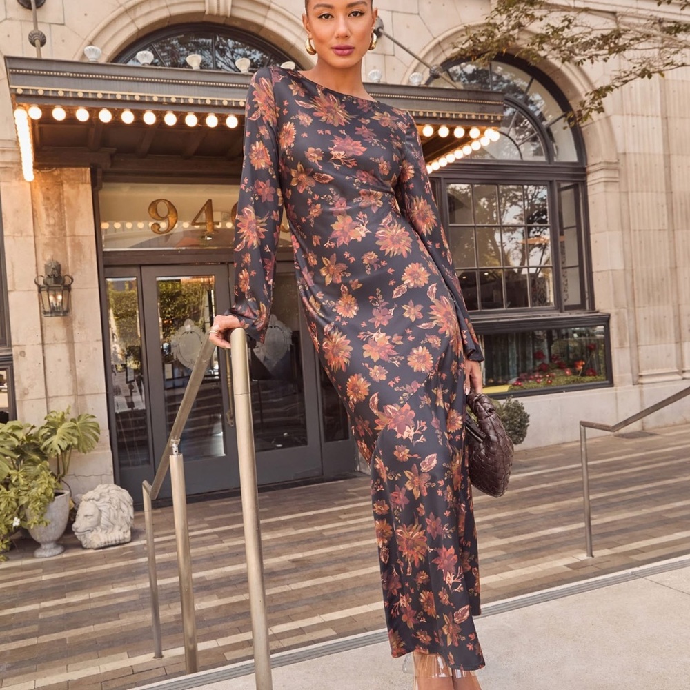 Vici Black Maxi Dress with Orange Floral Design